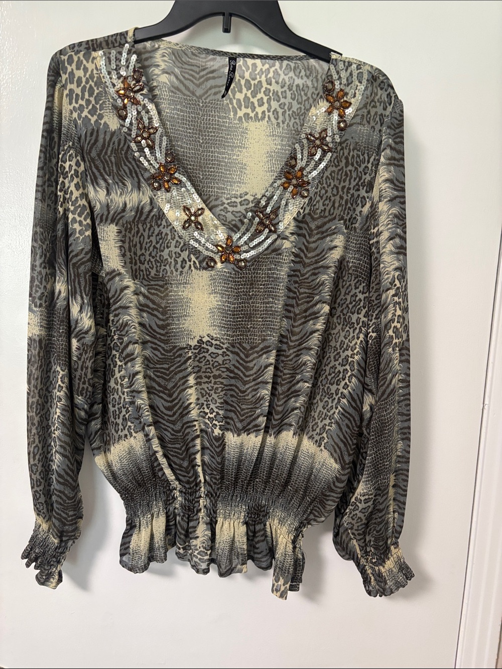 Embellished V-Neck Animal Print Blouse in Taupe and Black